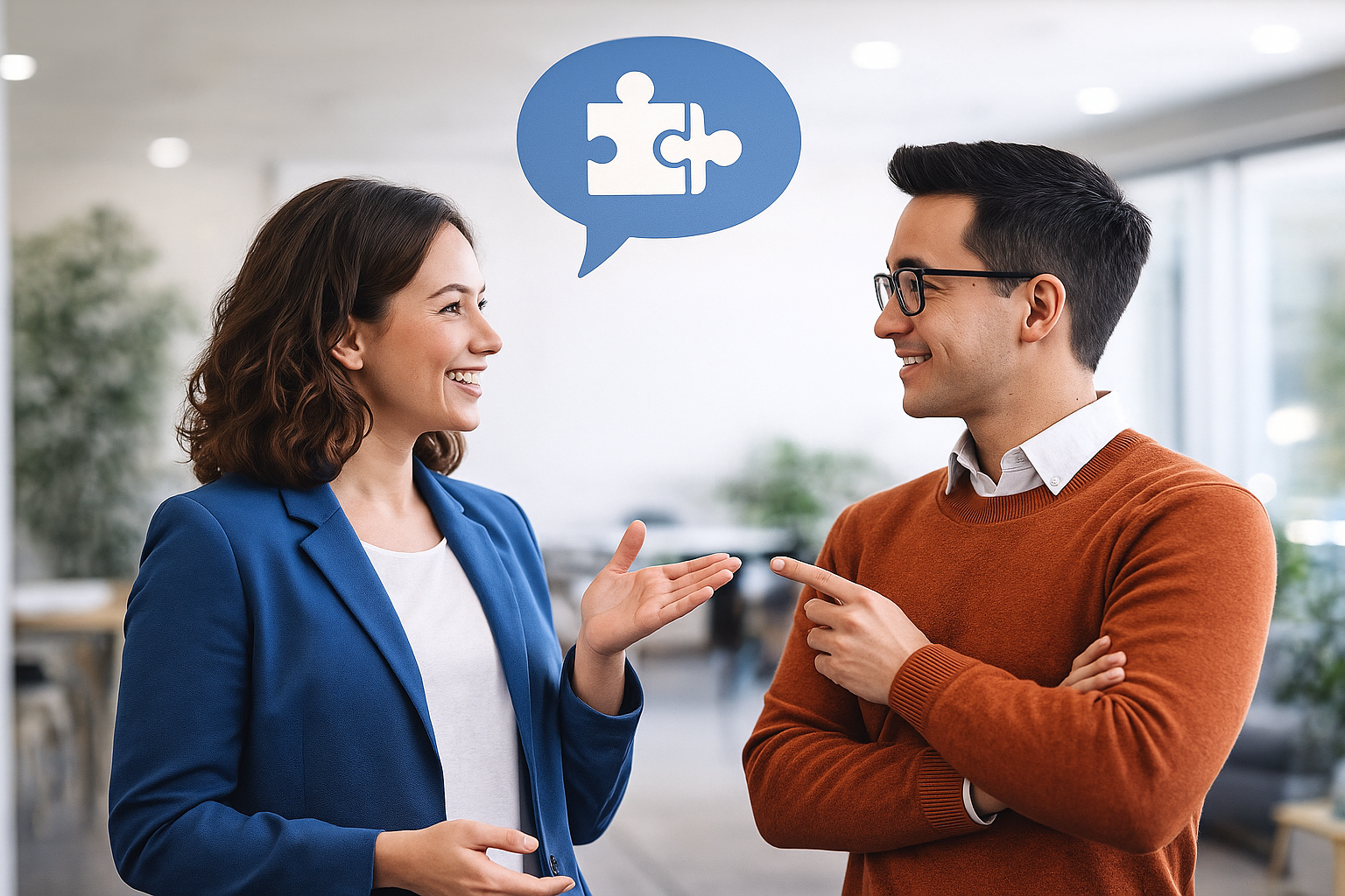 Zwei Personen im Gespräch, die ein Team darstellen sollen